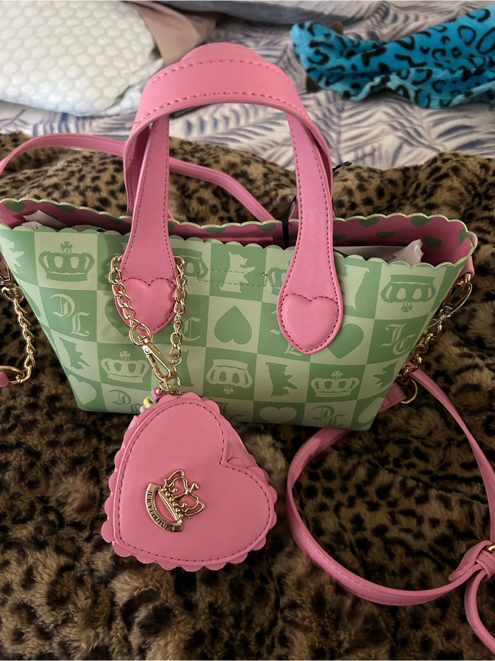Juicy Couture Pink & Mint Green Heart Charm Crossbody Bag